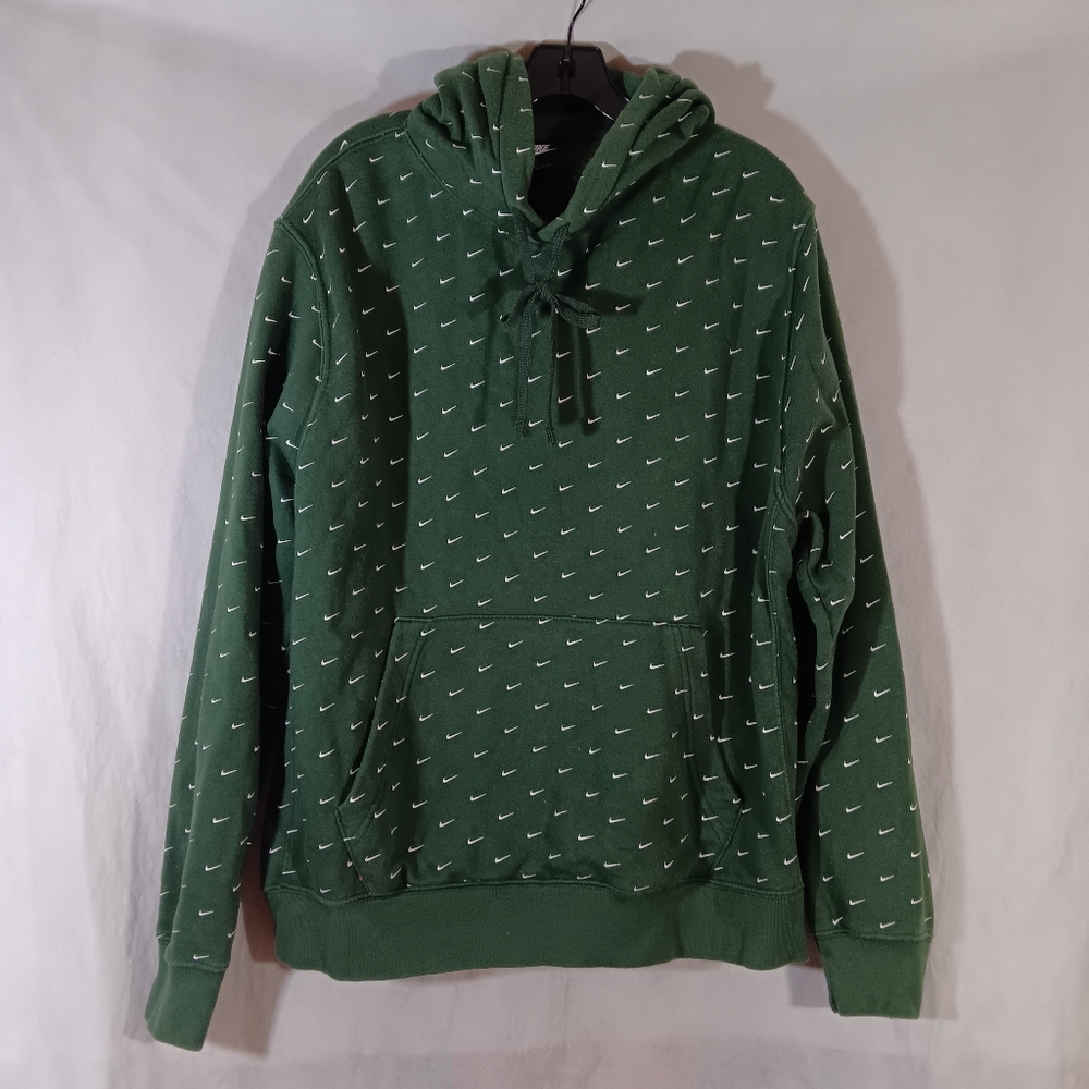 Nike Mens Large Club Fleece AOP Hoodie All-over Swoosh Logo Print Top Green